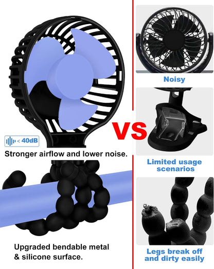 Mini Stroller Fan, 19H Battery Life, Personal Handheld Clip on Portable Rechargeable Fan with Flexible Tripod, Gift for Children Baby Car Travel BBQ Gym (Black, 4000mAh)