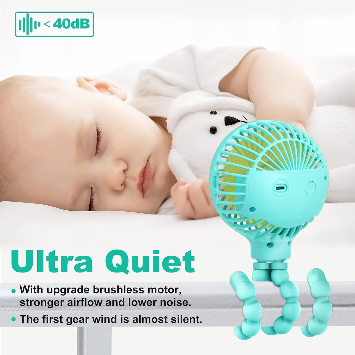 Mini Stroller Fan, 19H Battery Life, Personal Handheld Clip on Portable Rechargeable Fan with Flexible Tripod, Gift for Children Baby Car Travel BBQ Gym (Black, 4000mAh)