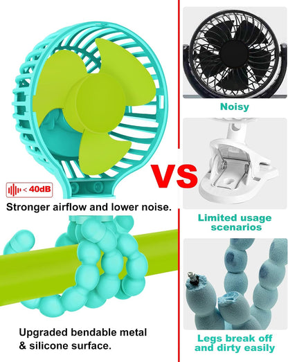 Mini Stroller Fan, 19H Battery Life, Personal Handheld Clip on Portable Rechargeable Fan with Flexible Tripod, Gift for Children Baby Car Travel BBQ Gym (Black, 4000mAh)