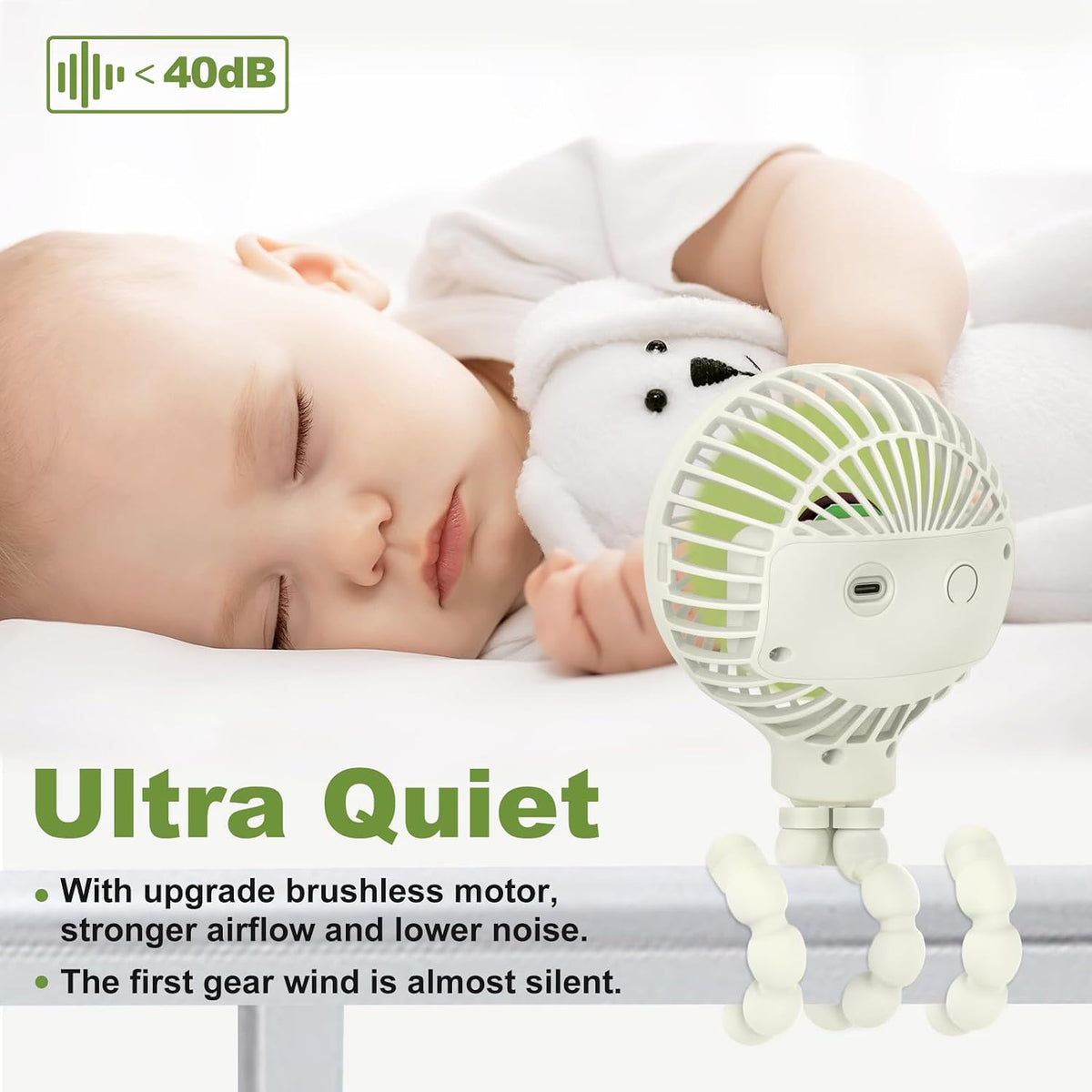 Mini Stroller Fan, 19H Battery Life, Personal Handheld Clip on Portable Rechargeable Fan with Flexible Tripod, Gift for Children Baby Car Travel BBQ Gym (Black, 4000mAh)