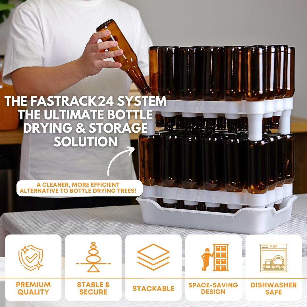 FASTFERMENT - 24-Bottle Drying Rack & Tray| Bottle Drying Tree Alternative | Dry & Store Your Wine or Bomber/Belgian Bottles | 2-Stackable Racks, 1 Tray | Dishwasher Safe | Home Brewing Supplies