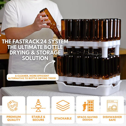 FASTFERMENT - 24-Bottle Drying Rack & Tray| Bottle Drying Tree Alternative | Dry & Store Your Wine or Bomber/Belgian Bottles | 2-Stackable Racks, 1 Tray | Dishwasher Safe | Home Brewing Supplies