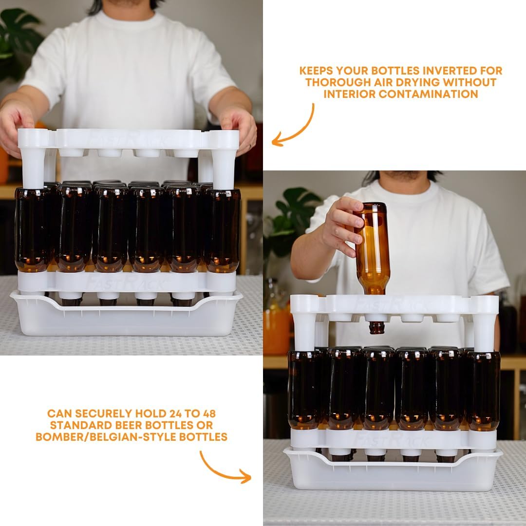 FASTFERMENT - 24-Bottle Drying Rack & Tray| Bottle Drying Tree Alternative | Dry & Store Your Wine or Bomber/Belgian Bottles | 2-Stackable Racks, 1 Tray | Dishwasher Safe | Home Brewing Supplies