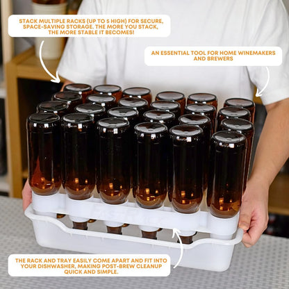 FASTFERMENT - 24-Bottle Drying Rack & Tray| Bottle Drying Tree Alternative | Dry & Store Your Wine or Bomber/Belgian Bottles | 2-Stackable Racks, 1 Tray | Dishwasher Safe | Home Brewing Supplies