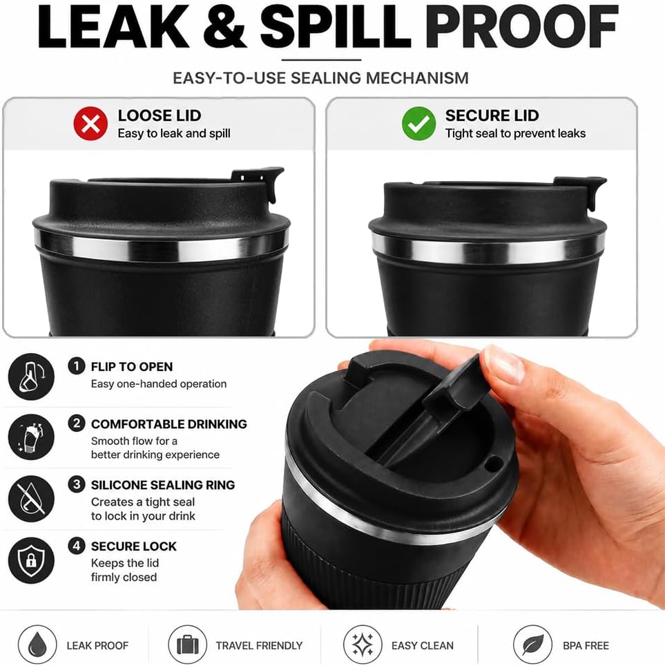 Coffee Mug with Leak Proof Lid, Travel Mug Stainless Steel Tumbler, Double Wall Vacuum Insulated Coffee Cup, Reusable Thermal Cup for Car, Office, Outdoor,for Men&Women (White V3, 12OZ)