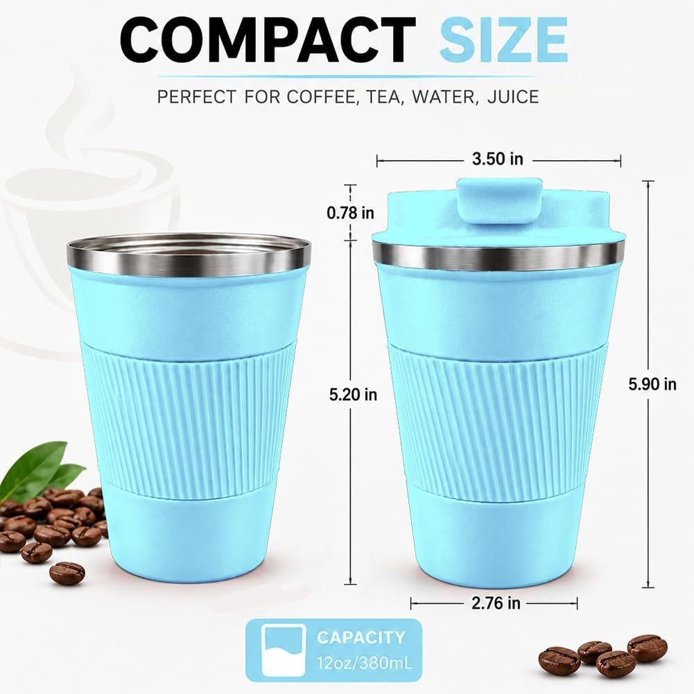 Coffee Mug with Leak Proof Lid, Travel Mug Stainless Steel Tumbler, Double Wall Vacuum Insulated Coffee Cup, Reusable Thermal Cup for Car, Office, Outdoor,for Men&Women (White V3, 12OZ)