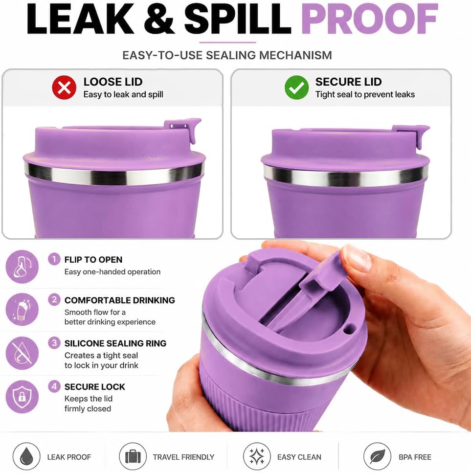Coffee Mug with Leak Proof Lid, Travel Mug Stainless Steel Tumbler, Double Wall Vacuum Insulated Coffee Cup, Reusable Thermal Cup for Car, Office, Outdoor,for Men&Women (White V3, 12OZ)