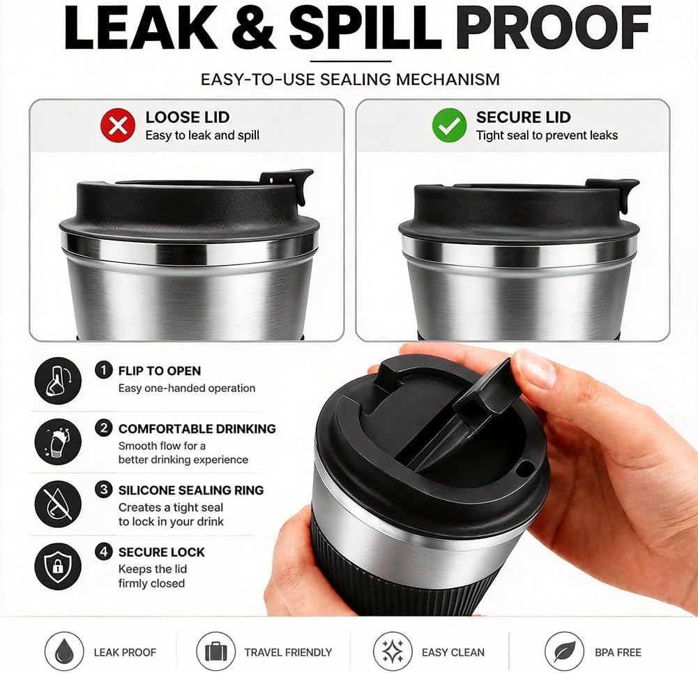 Coffee Mug with Leak Proof Lid, Travel Mug Stainless Steel Tumbler, Double Wall Vacuum Insulated Coffee Cup, Reusable Thermal Cup for Car, Office, Outdoor,for Men&Women (White V3, 12OZ)