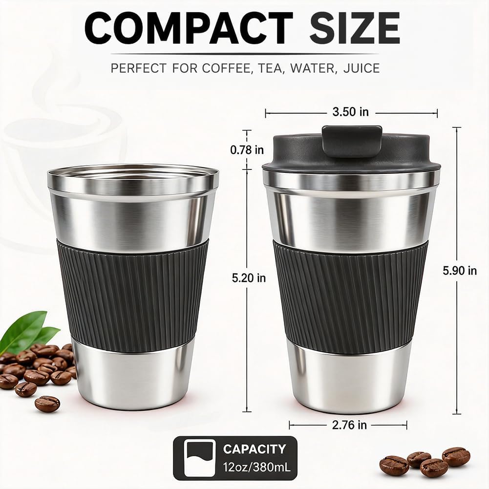 Coffee Mug with Leak Proof Lid, Travel Mug Stainless Steel Tumbler, Double Wall Vacuum Insulated Coffee Cup, Reusable Thermal Cup for Car, Office, Outdoor,for Men&Women (White V3, 12OZ)