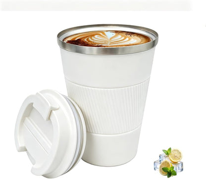 Coffee Mug with Leak Proof Lid, Travel Mug Stainless Steel Tumbler, Double Wall Vacuum Insulated Coffee Cup, Reusable Thermal Cup for Car, Office, Outdoor,for Men&Women (White V3, 12OZ)