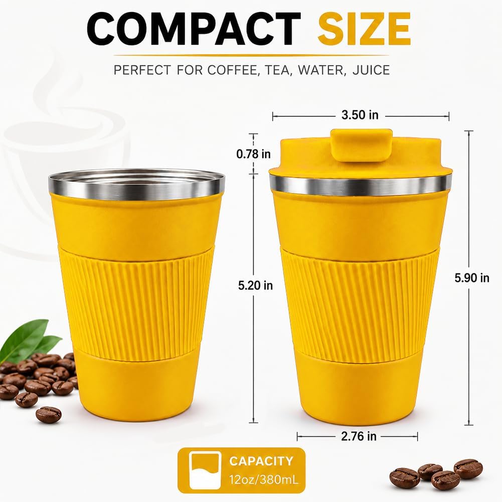 Coffee Mug with Leak Proof Lid, Travel Mug Stainless Steel Tumbler, Double Wall Vacuum Insulated Coffee Cup, Reusable Thermal Cup for Car, Office, Outdoor,for Men&Women (White V3, 12OZ)