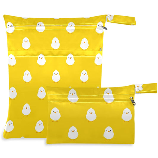 Chick Animal 2Pcs Wet Bag with Zippered Pockets Washable Reusable Roomy Diaper Bag for Travel,Beach,Daycare,Stroller,Diapers,Dirty Gym Clothes,Wet Swimsuits,Toiletries