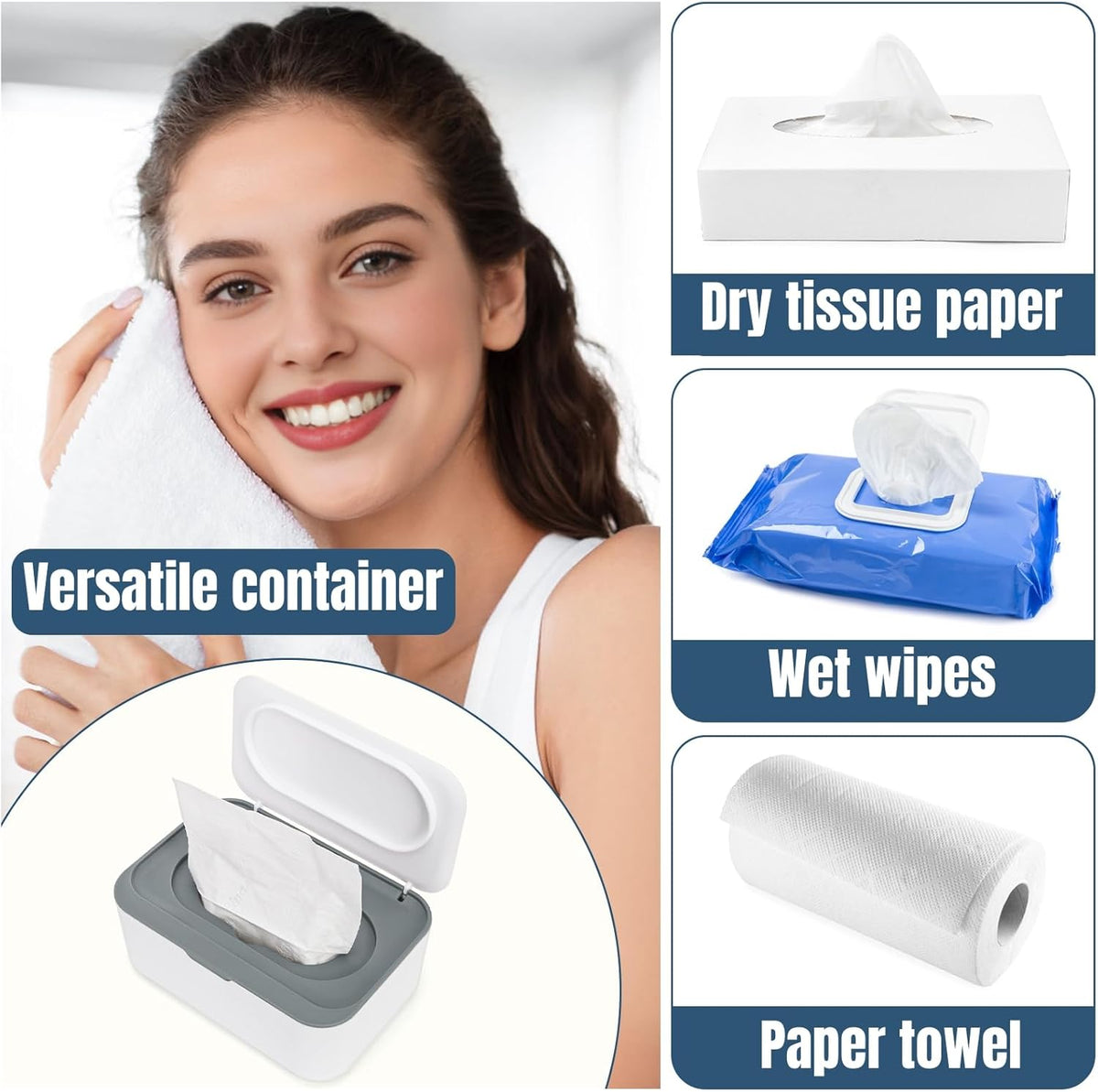 6 Pcs Baby Wipes Dispenser, Easy Pull Wipe Holder with Concave Surface Lid, Non-slip Wipe Cases Containers with Sealing Design for Bathroom, Baby Nursery, Grey