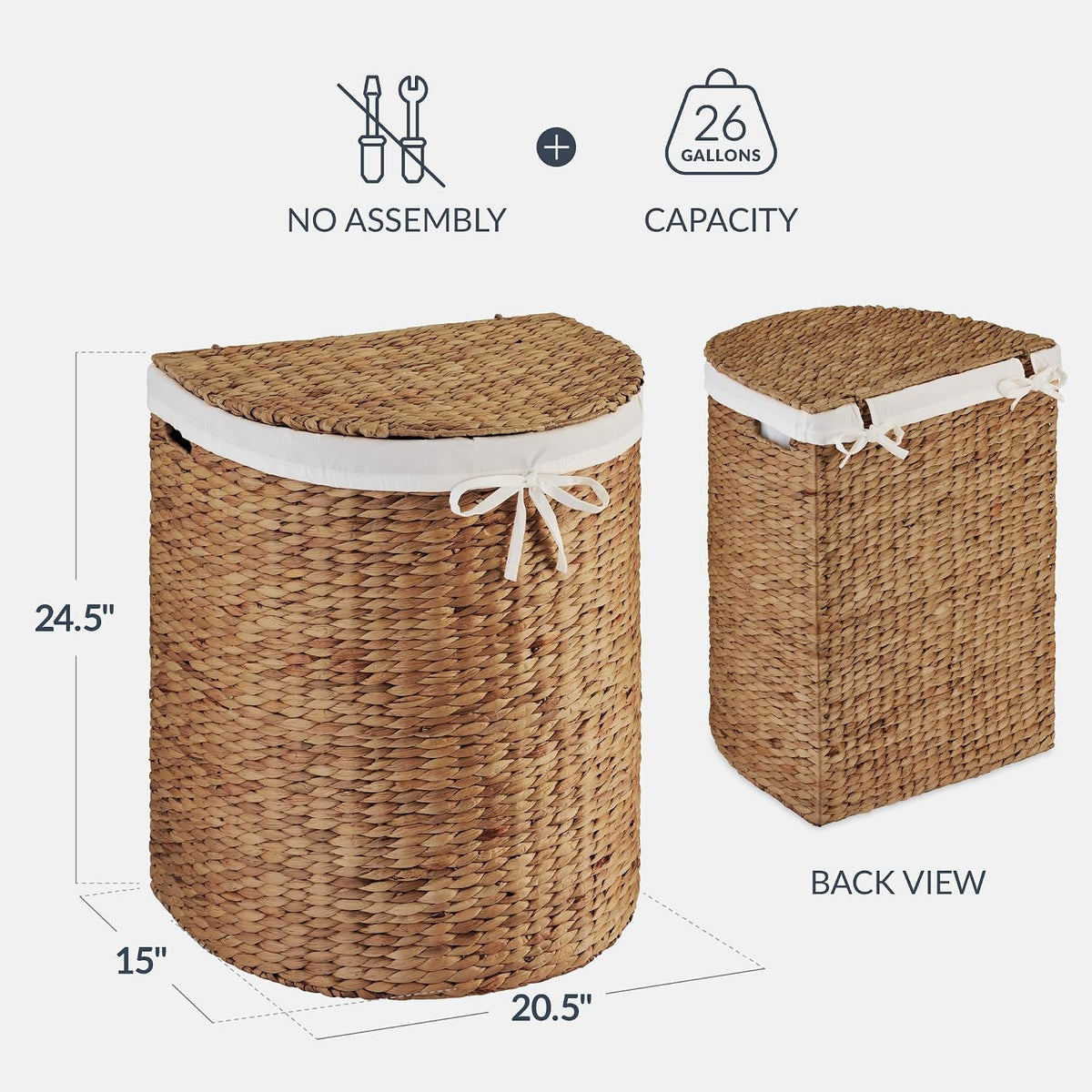 Half Moon Laundry Hamper w/Lid, Woven Half Round Laundry Basket, w/Removable Liner & Bult-in Handles for Bathroom, Bedroom & Laundry Room - Chestnut