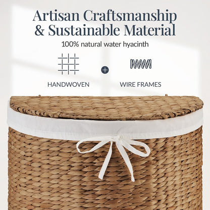 Half Moon Laundry Hamper w/Lid, Woven Half Round Laundry Basket, w/Removable Liner & Bult-in Handles for Bathroom, Bedroom & Laundry Room - Chestnut