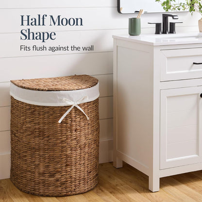 Half Moon Laundry Hamper w/Lid, Woven Half Round Laundry Basket, w/Removable Liner & Bult-in Handles for Bathroom, Bedroom & Laundry Room - Chestnut