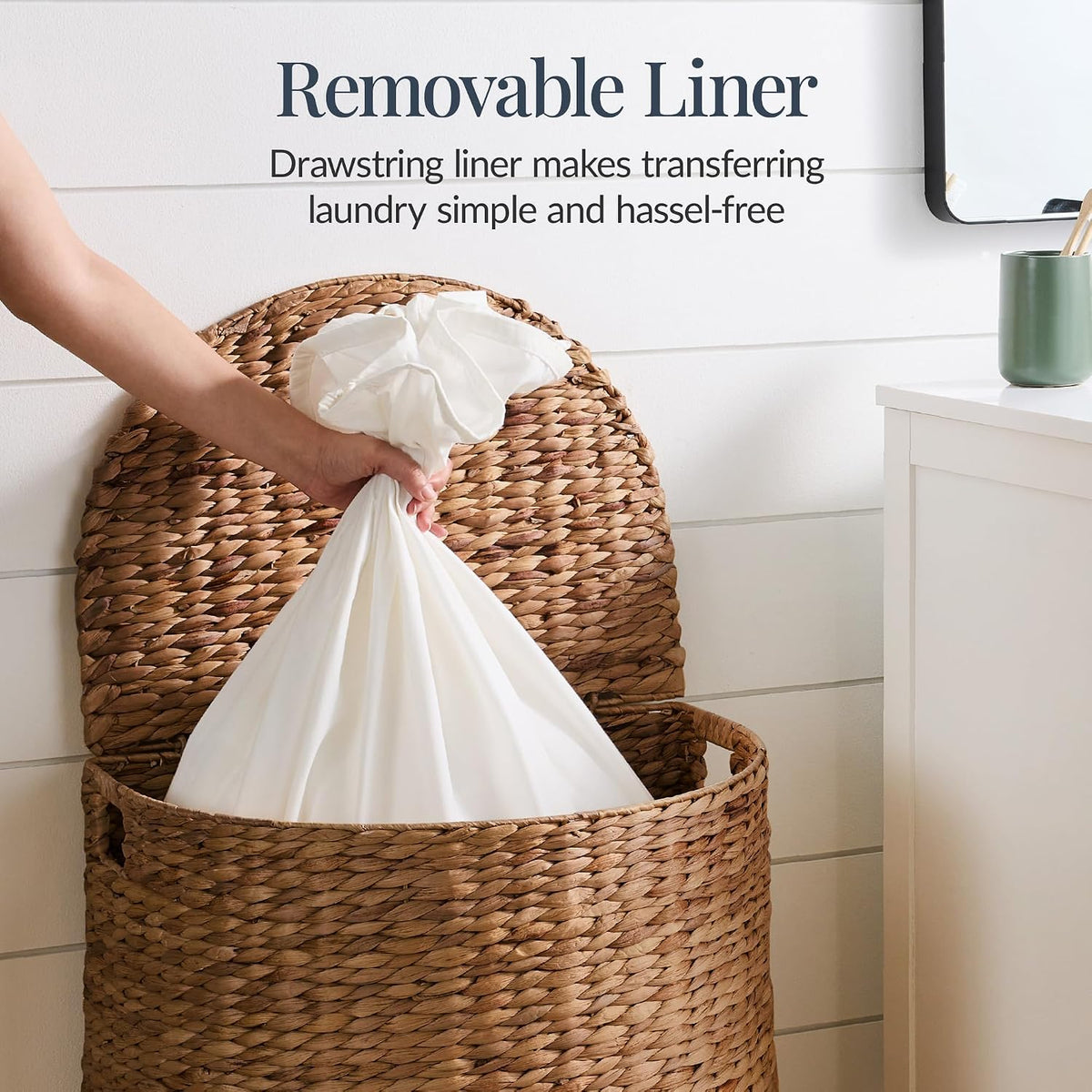 Half Moon Laundry Hamper w/Lid, Woven Half Round Laundry Basket, w/Removable Liner & Bult-in Handles for Bathroom, Bedroom & Laundry Room - Chestnut
