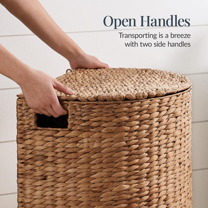 Half Moon Laundry Hamper w/Lid, Woven Half Round Laundry Basket, w/Removable Liner & Bult-in Handles for Bathroom, Bedroom & Laundry Room - Chestnut