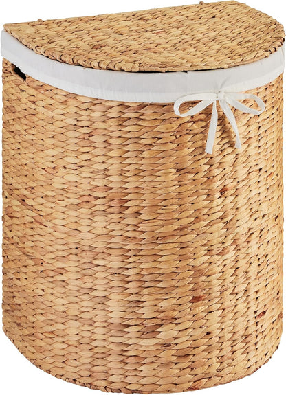 Half Moon Laundry Hamper w/Lid, Woven Half Round Laundry Basket, w/Removable Liner & Bult-in Handles for Bathroom, Bedroom & Laundry Room - Chestnut