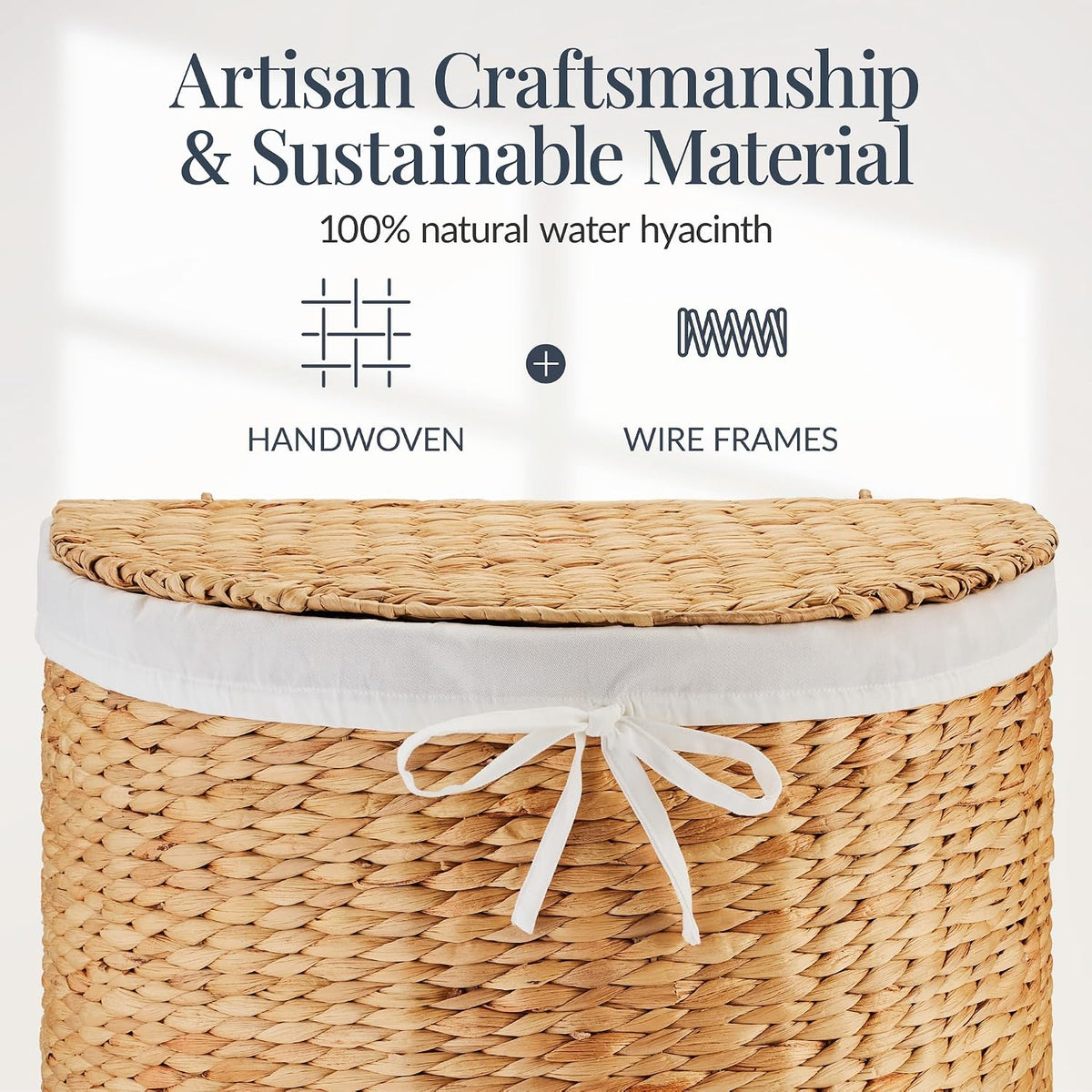 Half Moon Laundry Hamper w/Lid, Woven Half Round Laundry Basket, w/Removable Liner & Bult-in Handles for Bathroom, Bedroom & Laundry Room - Chestnut