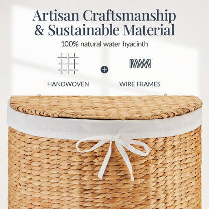 Half Moon Laundry Hamper w/Lid, Woven Half Round Laundry Basket, w/Removable Liner & Bult-in Handles for Bathroom, Bedroom & Laundry Room - Chestnut