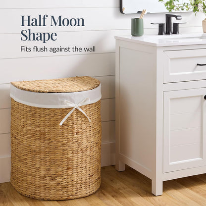 Half Moon Laundry Hamper w/Lid, Woven Half Round Laundry Basket, w/Removable Liner & Bult-in Handles for Bathroom, Bedroom & Laundry Room - Chestnut