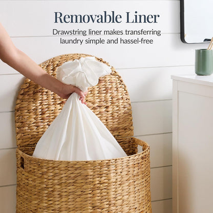 Half Moon Laundry Hamper w/Lid, Woven Half Round Laundry Basket, w/Removable Liner & Bult-in Handles for Bathroom, Bedroom & Laundry Room - Chestnut