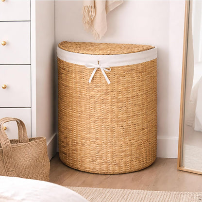 Half Moon Laundry Hamper w/Lid, Woven Half Round Laundry Basket, w/Removable Liner & Bult-in Handles for Bathroom, Bedroom & Laundry Room - Chestnut