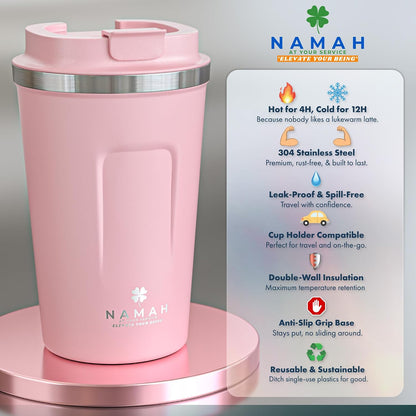 NAMAH® 12oz Insulated Stainless Steel Coffee Mug with Lid – Double Wall Vacuum Insulated Travel Cup for Hot & Cold Drinks – Leakproof Reusable Tumbler for Coffee, Tea & Cocoa – Forest Olive Green