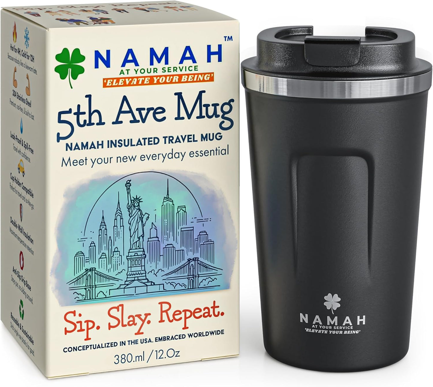 NAMAH® 12oz Insulated Stainless Steel Coffee Mug with Lid – Double Wall Vacuum Insulated Travel Cup for Hot & Cold Drinks – Leakproof Reusable Tumbler for Coffee, Tea & Cocoa – Forest Olive Green
