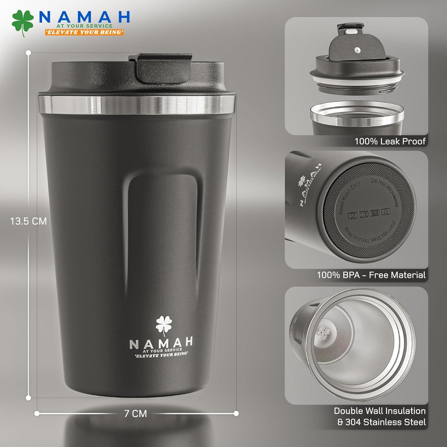 NAMAH® 12oz Insulated Stainless Steel Coffee Mug with Lid – Double Wall Vacuum Insulated Travel Cup for Hot & Cold Drinks – Leakproof Reusable Tumbler for Coffee, Tea & Cocoa – Forest Olive Green