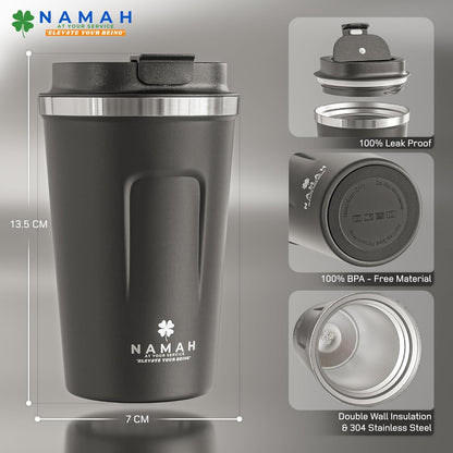 NAMAH® 12oz Insulated Stainless Steel Coffee Mug with Lid – Double Wall Vacuum Insulated Travel Cup for Hot & Cold Drinks – Leakproof Reusable Tumbler for Coffee, Tea & Cocoa – Forest Olive Green