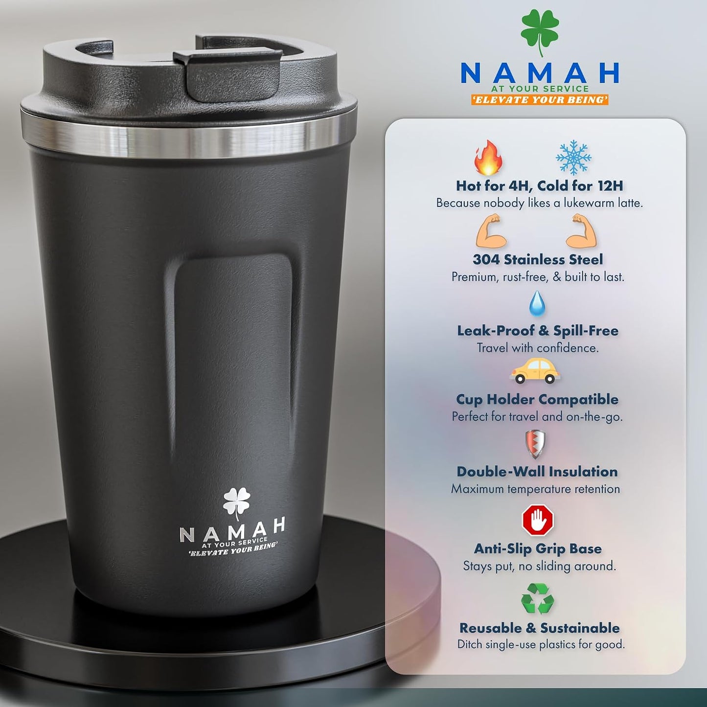 NAMAH® 12oz Insulated Stainless Steel Coffee Mug with Lid – Double Wall Vacuum Insulated Travel Cup for Hot & Cold Drinks – Leakproof Reusable Tumbler for Coffee, Tea & Cocoa – Forest Olive Green