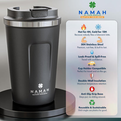 NAMAH® 12oz Insulated Stainless Steel Coffee Mug with Lid – Double Wall Vacuum Insulated Travel Cup for Hot & Cold Drinks – Leakproof Reusable Tumbler for Coffee, Tea & Cocoa – Forest Olive Green