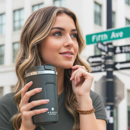 NAMAH® 12oz Insulated Stainless Steel Coffee Mug with Lid – Double Wall Vacuum Insulated Travel Cup for Hot & Cold Drinks – Leakproof Reusable Tumbler for Coffee, Tea & Cocoa – Forest Olive Green