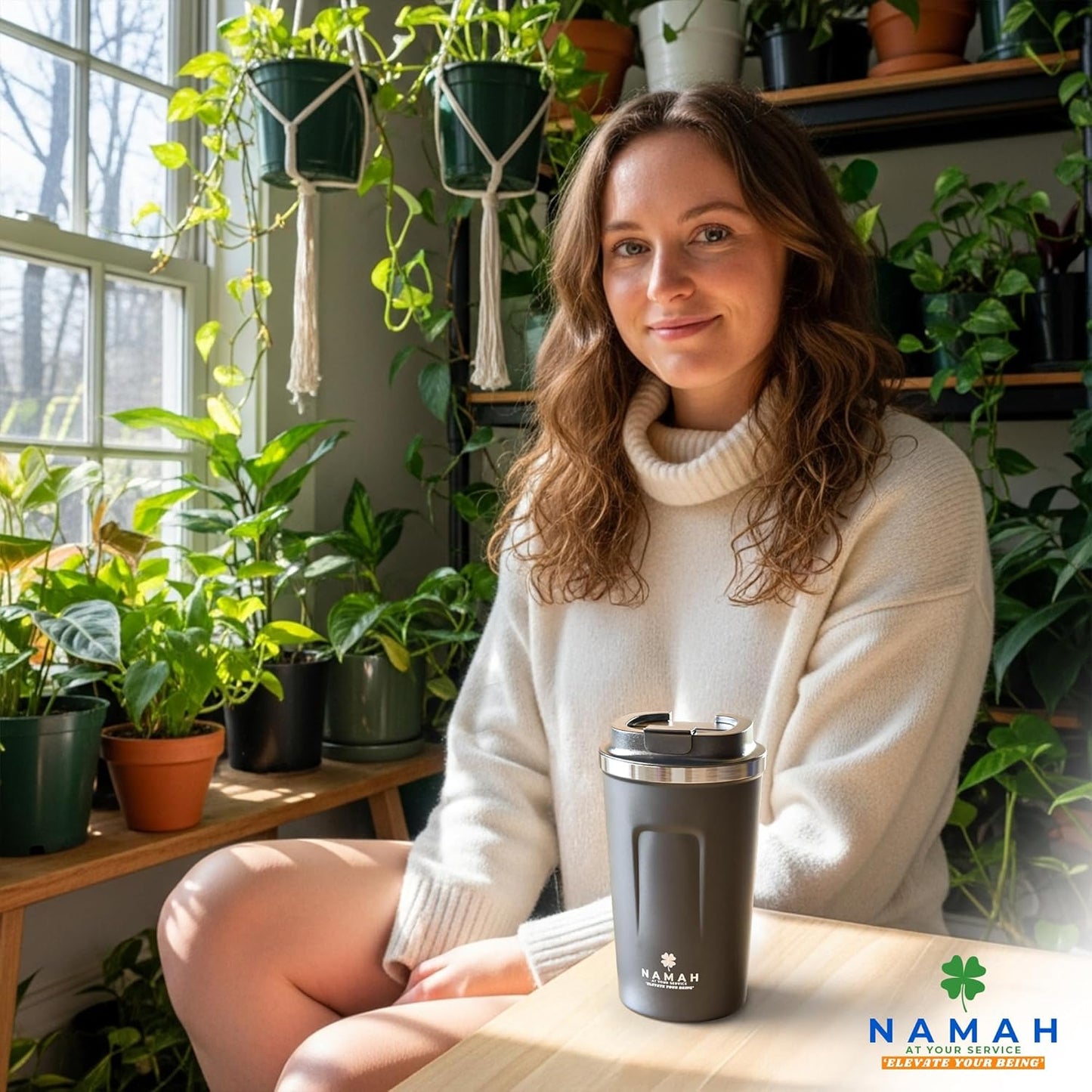 NAMAH® 12oz Insulated Stainless Steel Coffee Mug with Lid – Double Wall Vacuum Insulated Travel Cup for Hot & Cold Drinks – Leakproof Reusable Tumbler for Coffee, Tea & Cocoa – Forest Olive Green