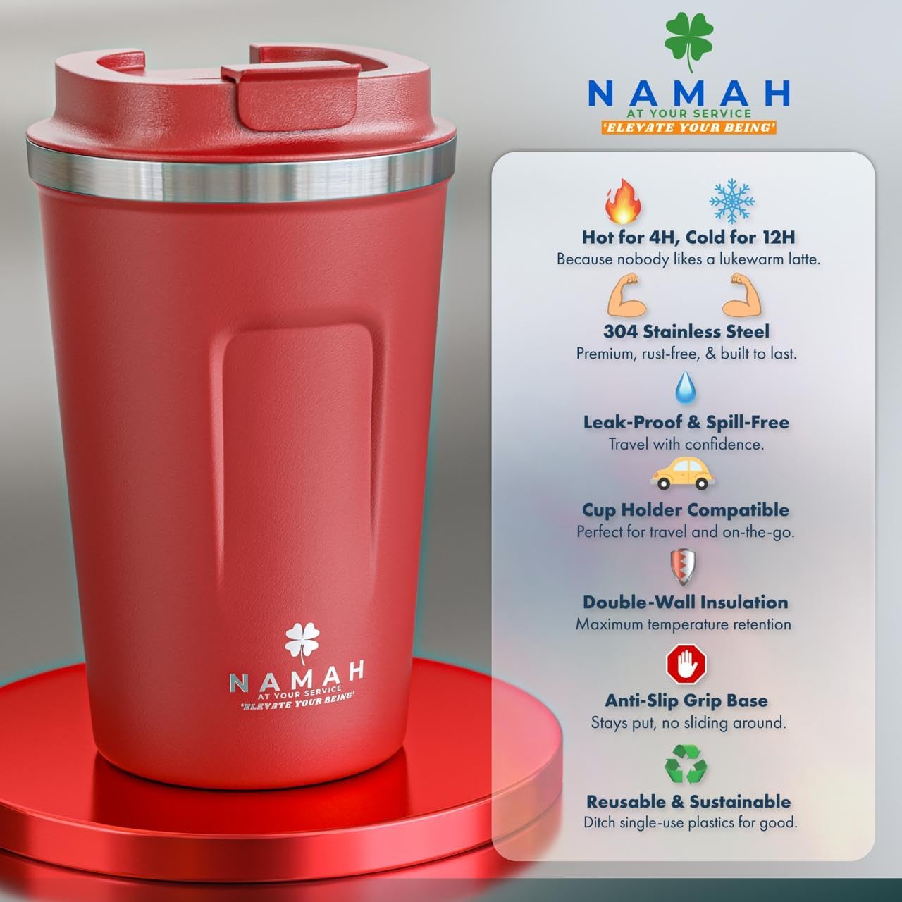 NAMAH® 12oz Insulated Stainless Steel Coffee Mug with Lid – Double Wall Vacuum Insulated Travel Cup for Hot & Cold Drinks – Leakproof Reusable Tumbler for Coffee, Tea & Cocoa – Forest Olive Green