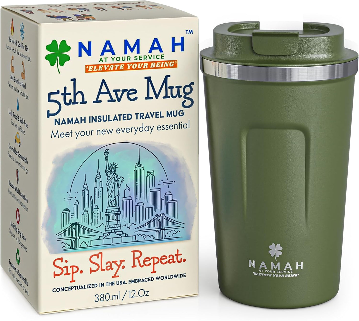 NAMAH® 12oz Insulated Stainless Steel Coffee Mug with Lid – Double Wall Vacuum Insulated Travel Cup for Hot & Cold Drinks – Leakproof Reusable Tumbler for Coffee, Tea & Cocoa – Forest Olive Green