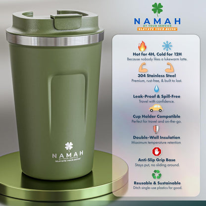 NAMAH® 12oz Insulated Stainless Steel Coffee Mug with Lid – Double Wall Vacuum Insulated Travel Cup for Hot & Cold Drinks – Leakproof Reusable Tumbler for Coffee, Tea & Cocoa – Forest Olive Green