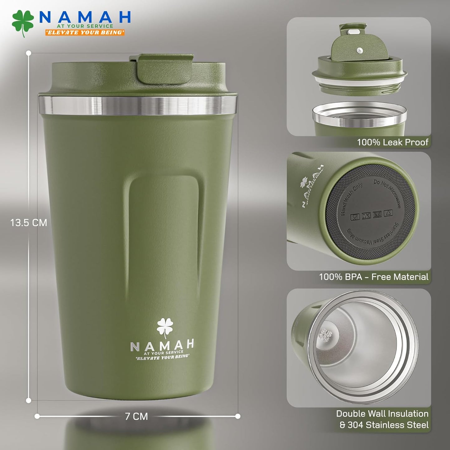NAMAH® 12oz Insulated Stainless Steel Coffee Mug with Lid – Double Wall Vacuum Insulated Travel Cup for Hot & Cold Drinks – Leakproof Reusable Tumbler for Coffee, Tea & Cocoa – Forest Olive Green