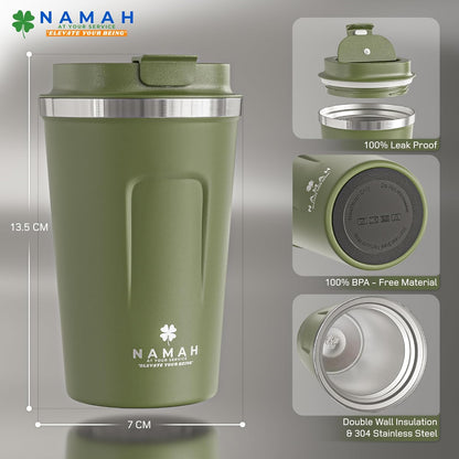 NAMAH® 12oz Insulated Stainless Steel Coffee Mug with Lid – Double Wall Vacuum Insulated Travel Cup for Hot & Cold Drinks – Leakproof Reusable Tumbler for Coffee, Tea & Cocoa – Forest Olive Green