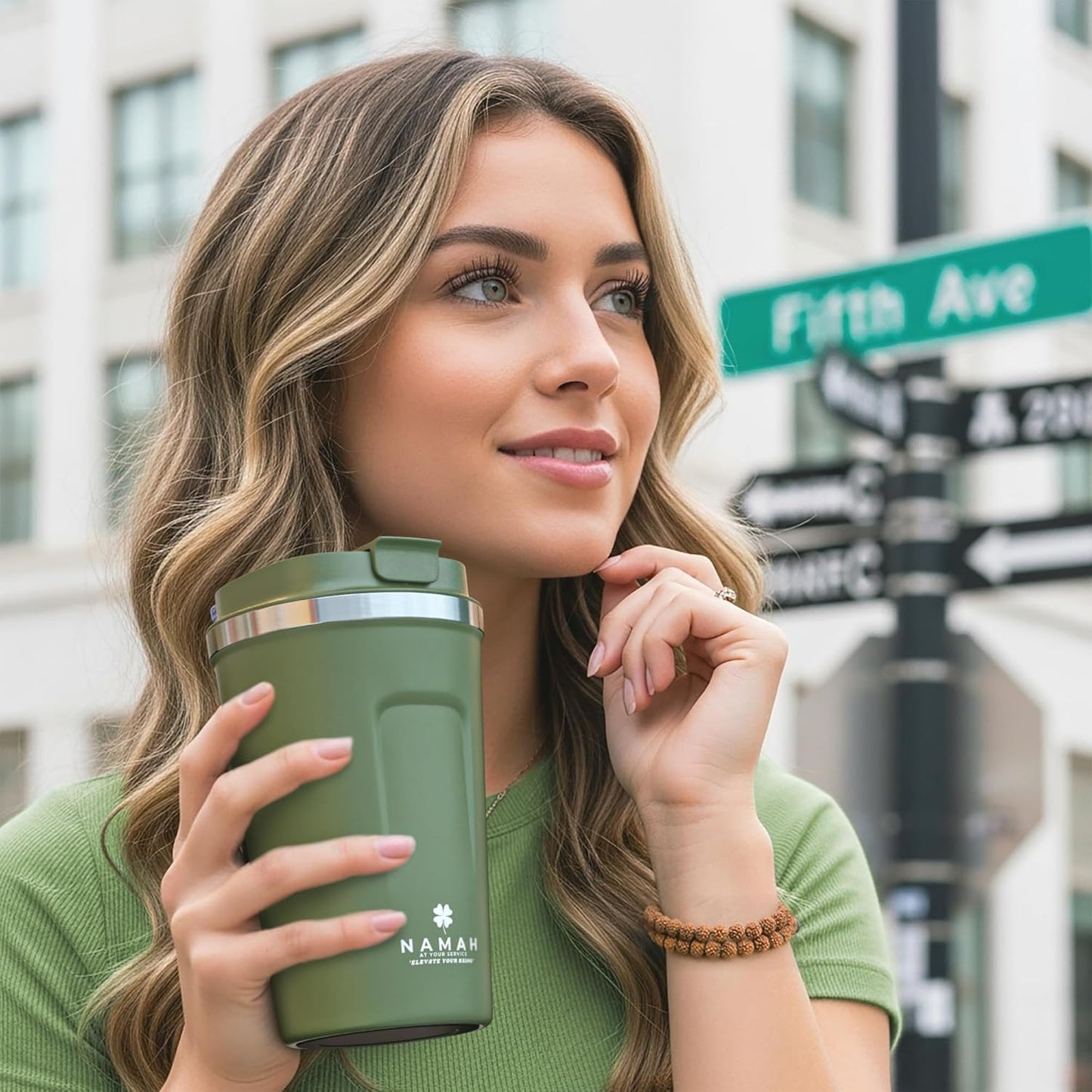 NAMAH® 12oz Insulated Stainless Steel Coffee Mug with Lid – Double Wall Vacuum Insulated Travel Cup for Hot & Cold Drinks – Leakproof Reusable Tumbler for Coffee, Tea & Cocoa – Forest Olive Green