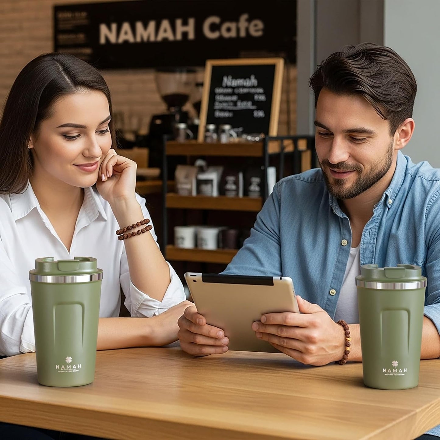 NAMAH® 12oz Insulated Stainless Steel Coffee Mug with Lid – Double Wall Vacuum Insulated Travel Cup for Hot & Cold Drinks – Leakproof Reusable Tumbler for Coffee, Tea & Cocoa – Forest Olive Green