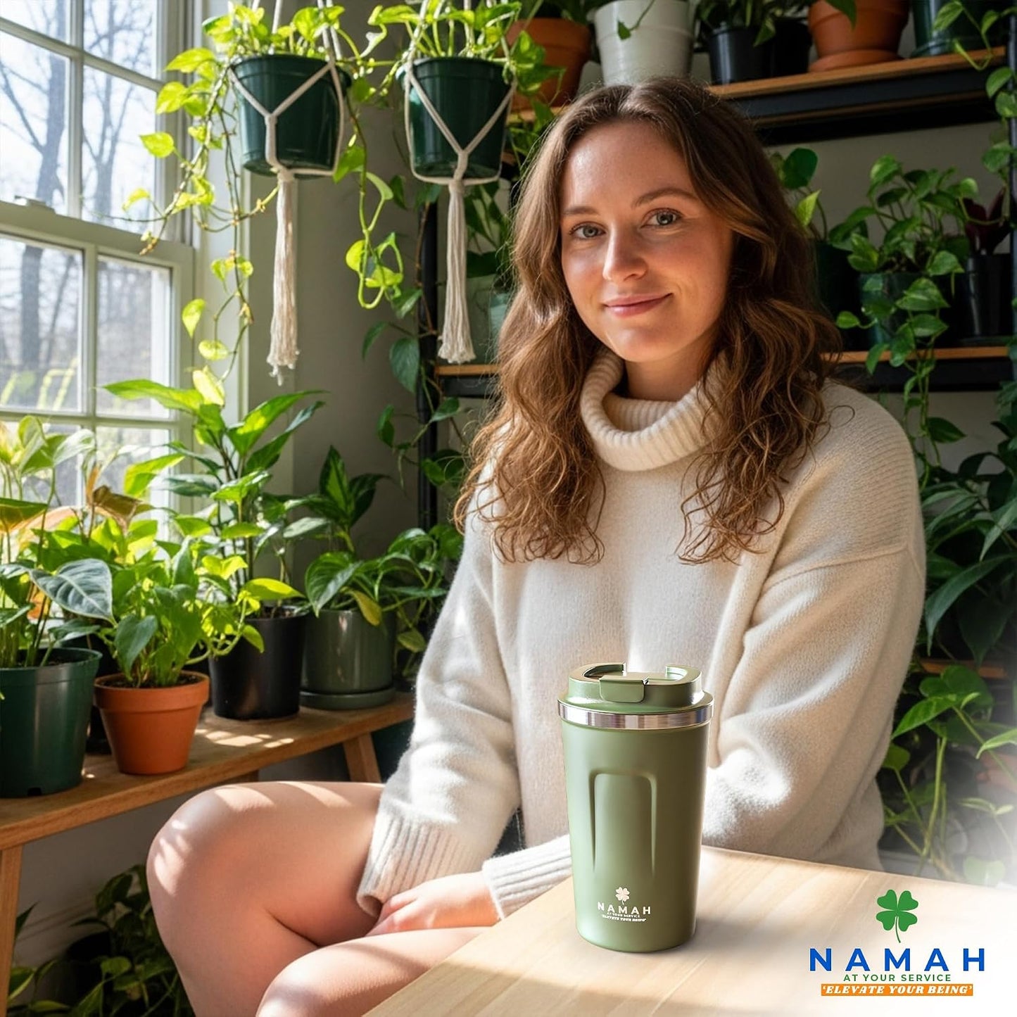 NAMAH® 12oz Insulated Stainless Steel Coffee Mug with Lid – Double Wall Vacuum Insulated Travel Cup for Hot & Cold Drinks – Leakproof Reusable Tumbler for Coffee, Tea & Cocoa – Forest Olive Green