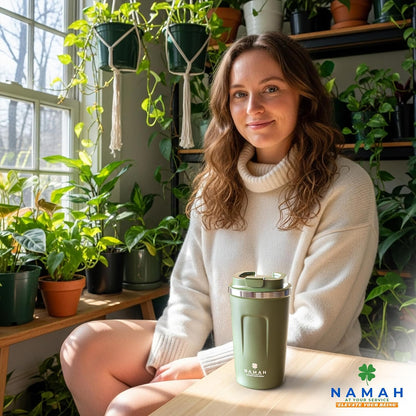 NAMAH® 12oz Insulated Stainless Steel Coffee Mug with Lid – Double Wall Vacuum Insulated Travel Cup for Hot & Cold Drinks – Leakproof Reusable Tumbler for Coffee, Tea & Cocoa – Forest Olive Green