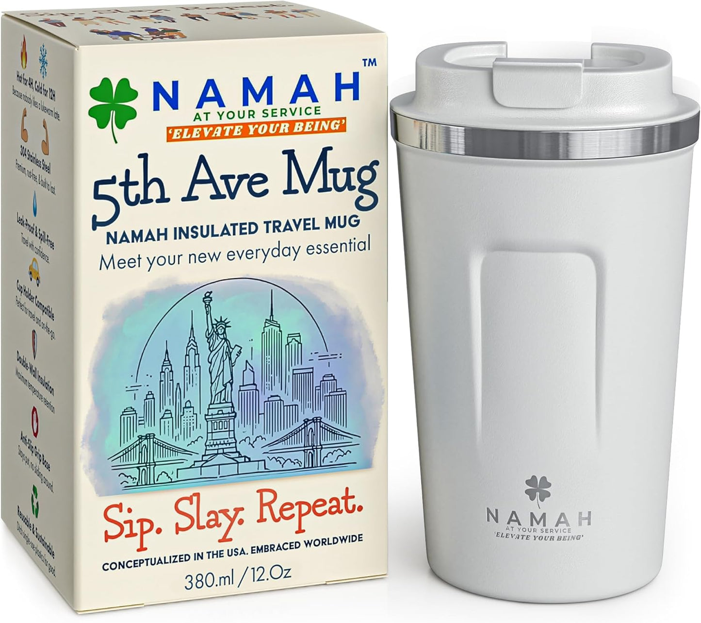NAMAH® 12oz Insulated Stainless Steel Coffee Mug with Lid – Double Wall Vacuum Insulated Travel Cup for Hot & Cold Drinks – Leakproof Reusable Tumbler for Coffee, Tea & Cocoa – Forest Olive Green