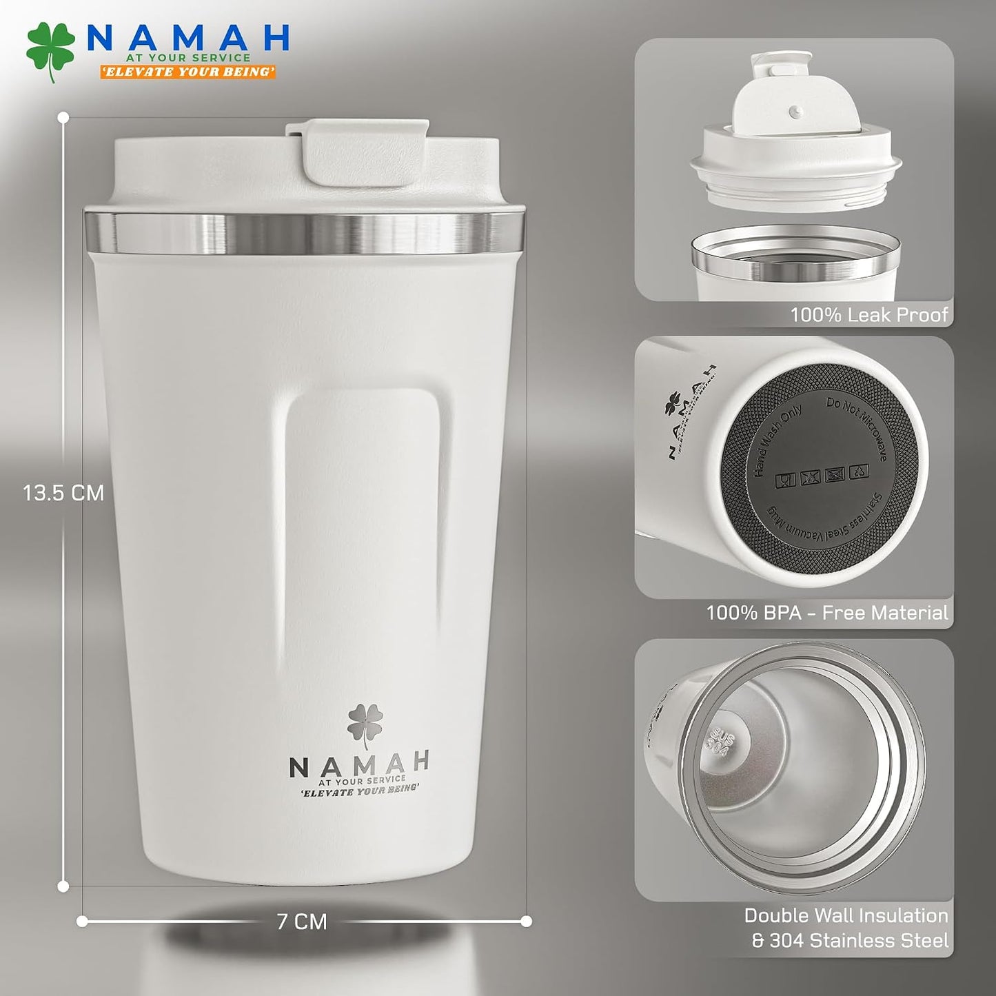 NAMAH® 12oz Insulated Stainless Steel Coffee Mug with Lid – Double Wall Vacuum Insulated Travel Cup for Hot & Cold Drinks – Leakproof Reusable Tumbler for Coffee, Tea & Cocoa – Forest Olive Green