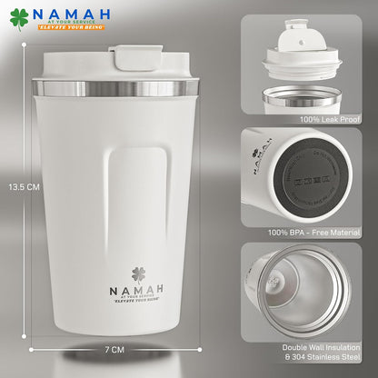 NAMAH® 12oz Insulated Stainless Steel Coffee Mug with Lid – Double Wall Vacuum Insulated Travel Cup for Hot & Cold Drinks – Leakproof Reusable Tumbler for Coffee, Tea & Cocoa – Forest Olive Green