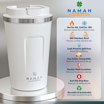 NAMAH® 12oz Insulated Stainless Steel Coffee Mug with Lid – Double Wall Vacuum Insulated Travel Cup for Hot & Cold Drinks – Leakproof Reusable Tumbler for Coffee, Tea & Cocoa – Forest Olive Green