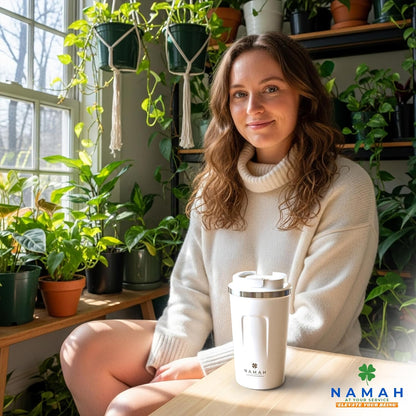 NAMAH® 12oz Insulated Stainless Steel Coffee Mug with Lid – Double Wall Vacuum Insulated Travel Cup for Hot & Cold Drinks – Leakproof Reusable Tumbler for Coffee, Tea & Cocoa – Forest Olive Green